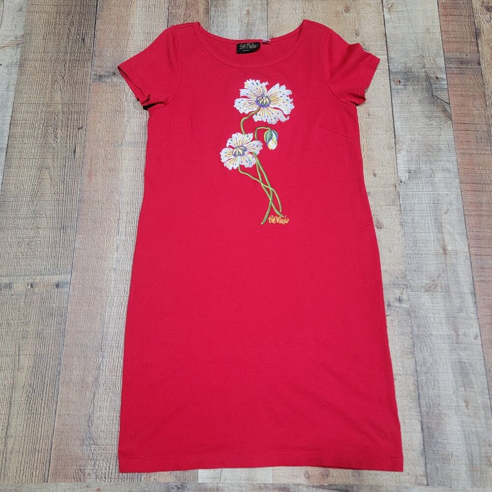 Bob Mackie Vintage Wearable Art Red Shirt Dress with Embroidered Flower